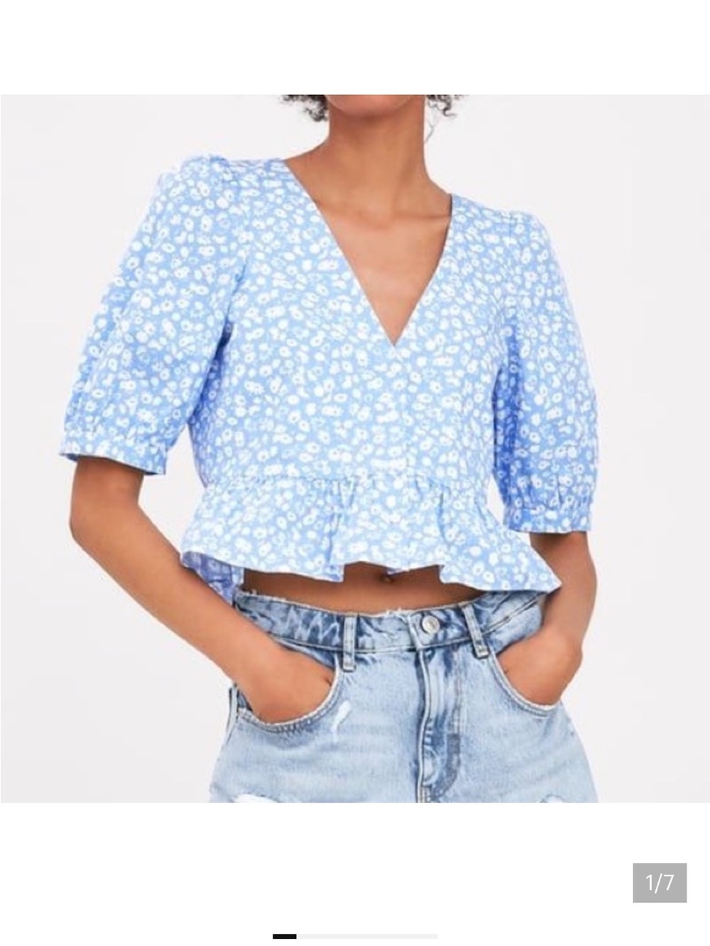Zara Light Blue Floral V-Neck Crop Top
